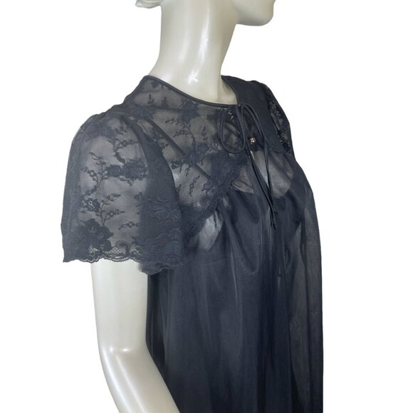 1960s black peignoir negligee in nylon and lace by Shadowline Size S/M - Picture 8 of 10
